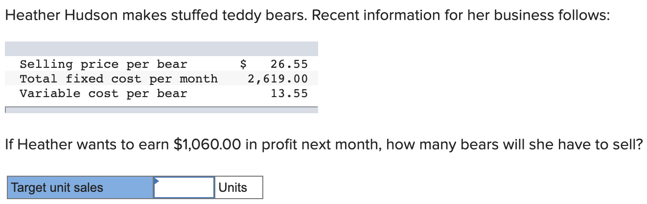 Heather Hudson makes stuffed teddy bears. Recent information for her business follows: