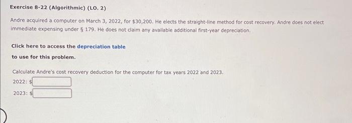 Exercise 8-22 (Algorithmic) (LO. 2) Andre acquired a computer on March 3,