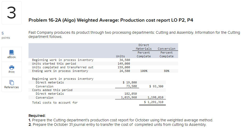 3 LO 5 points Problem 16-2A (Algo) Weighted Average: Production cost report