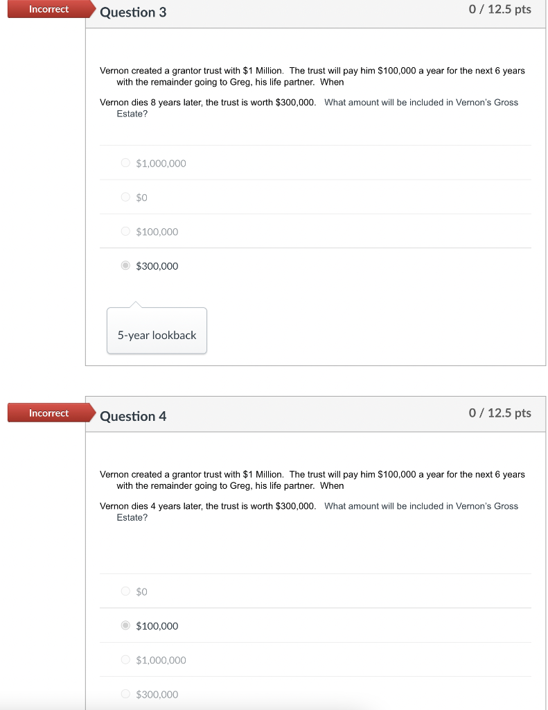 Incorrect Question 3 0 / 12.5 pts Vernon created a grantor trust