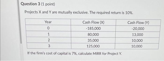 Question 3 (1 point) Projects X and Y are mutually exclusive. The
