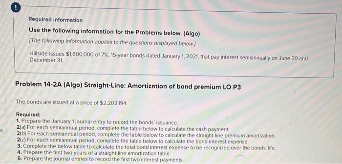 Required information Use the following information for the Problems below. (Algo) [The