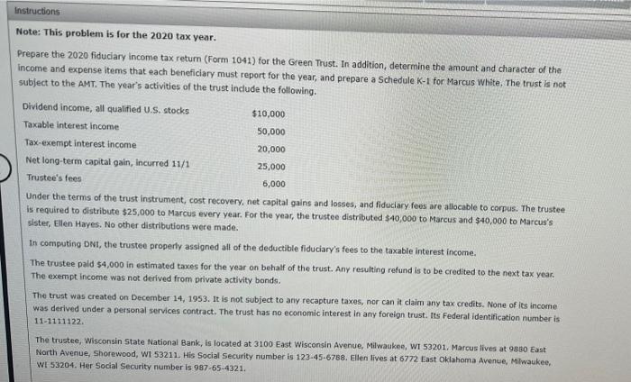 Instructions Note: This problem is for the 2020 tax year. Prepare the