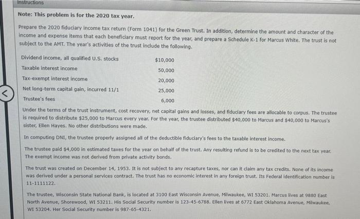Instructions Note: This problem is for the 2020 tax year. Prepare the