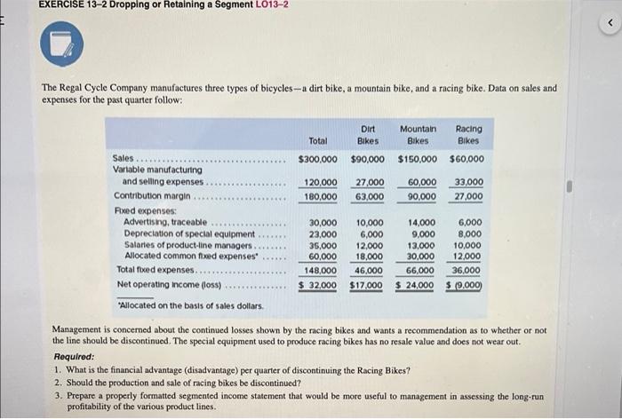 EXERCISE 13-2 Dropping or Retaining a Segment LO13-2 The Regal Cycle Company