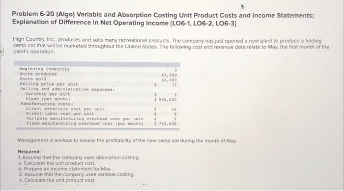 Problem 6-20 (Algo) Variable and Absorption Costing Unit Product Costs and Income
