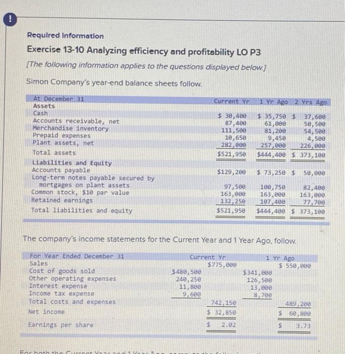 Required Information Exercise 13-10 Analyzing efficiency and profitability LO P3 [The following