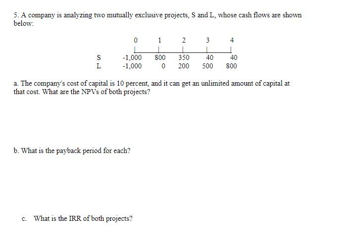 5. A company is analyzing two mutually exclusive projects, S and L,