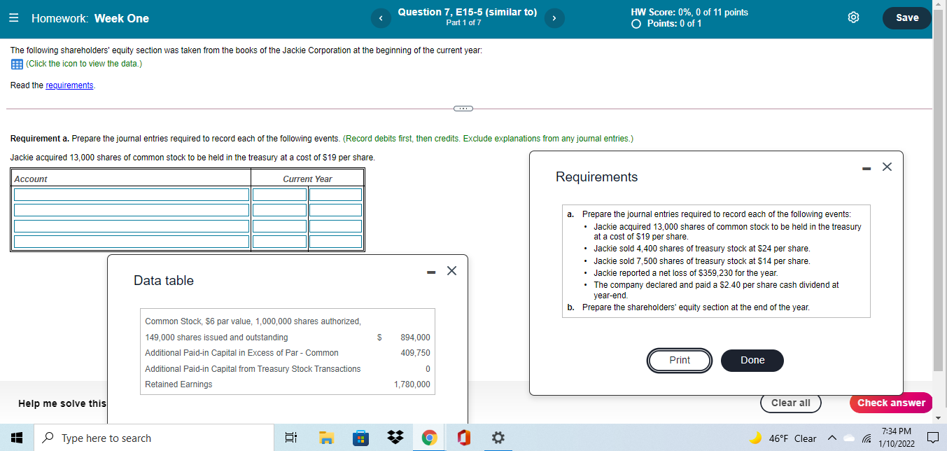 = Homework: Week One Question 7, E15-5 (similar to) Part 1 of