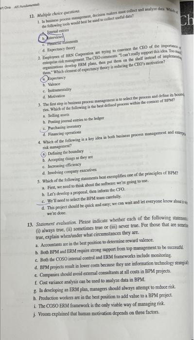 rt One A Pundmental 12. Multiple choice questions 1. In business proons