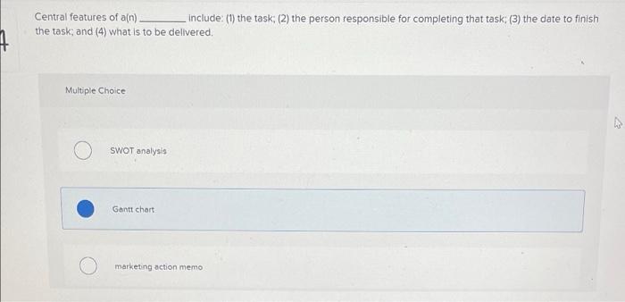 include: (1) the task; (2) the person responsible for completing that task;