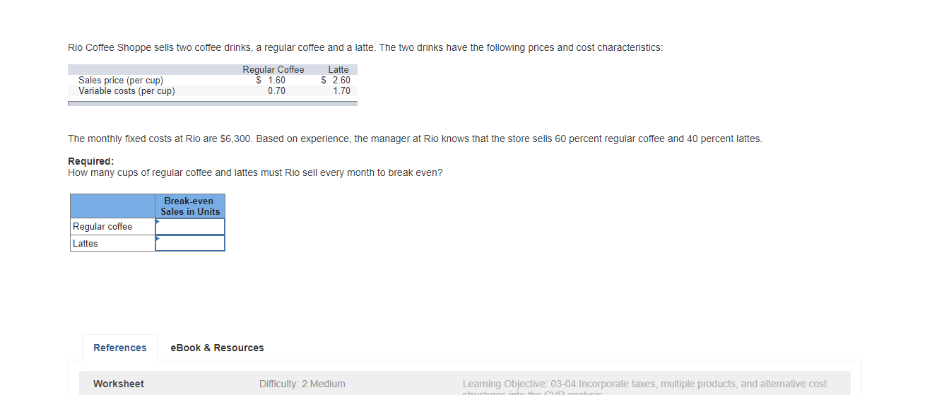 Rio Coffee Shoppe sells two coffee drinks, a regular coffee and a