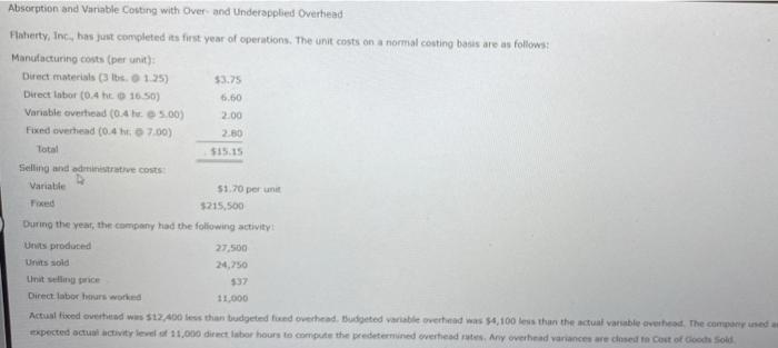 Absorption and Variable Costing with Over and Underapplied Overhead Flaherty, Inc., has