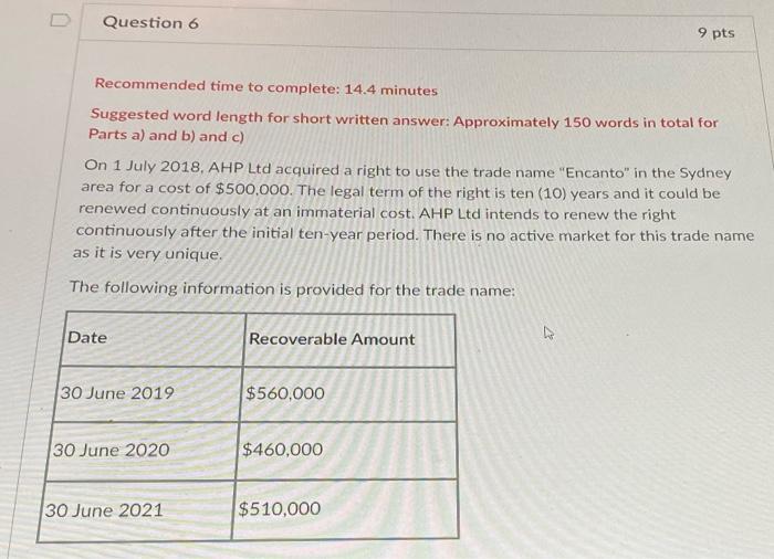 0 Question 6 9 pts Recommended time to complete: 14.4 minutes Suggested