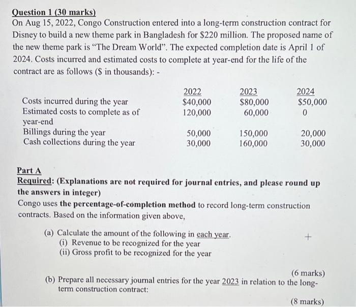 Question 1 (30 marks) On Aug 15, 2022, Congo Construction entered into