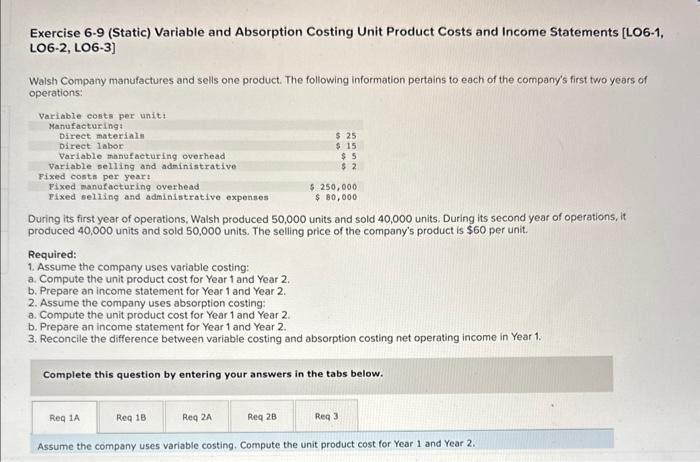 Exercise 6-9 (Static) Variable and Absorption Costing Unit Product Costs and Income