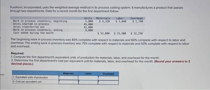 Pureform, Incorporated, uses the weighted-average method in its process costing system. It