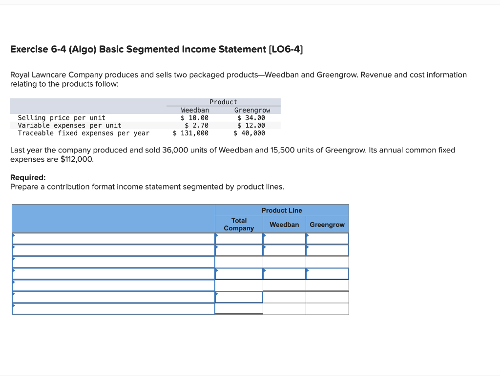 Exercise 6-4 (Algo) Basic Segmented Income Statement [LO6-4] Royal Lawncare Company produces