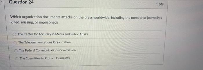 Question 24 1 pts Which organization documents attacks on the press worldwide,