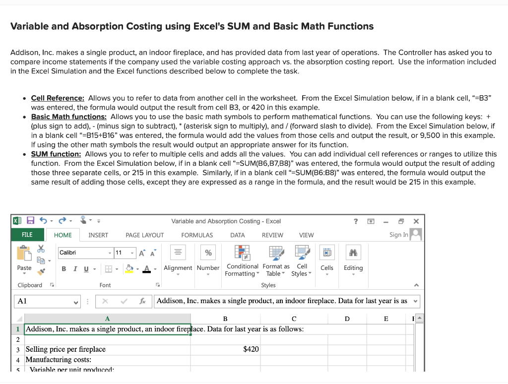 Variable and Absorption Costing using Excel's SUM and Basic Math Functions Addison,