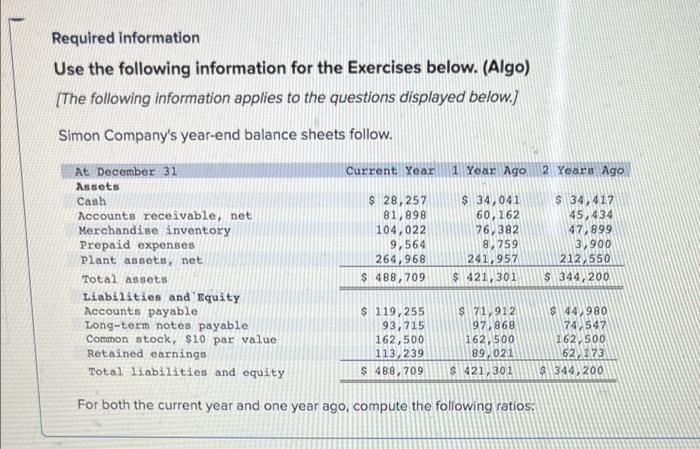 Required information Use the following information for the Exercises below. (Algo) [The
