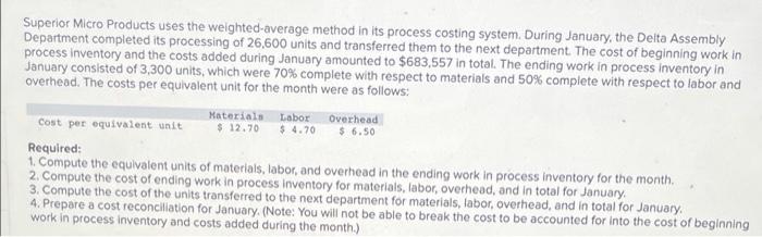 Superior Micro Products uses the weighted-average method in its process costing system.