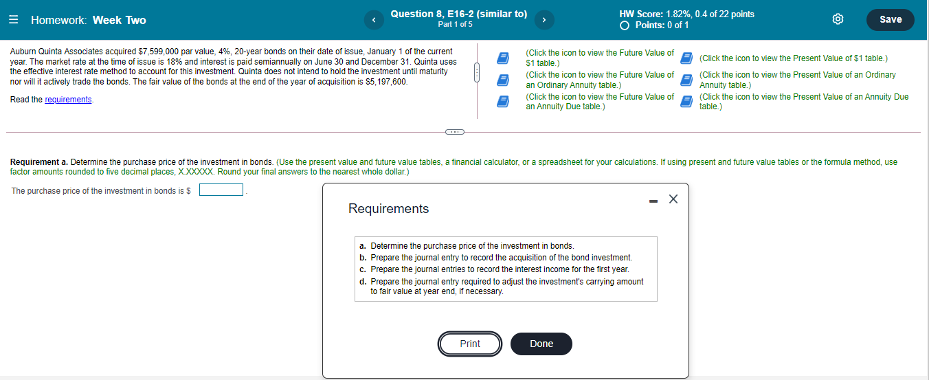 Homework: Week Two Question 8, E16-2 (similar to) Part 1 of 5