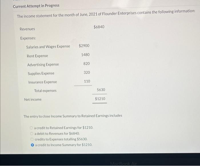 Current Attempt in Progress The income statement for the month of June,