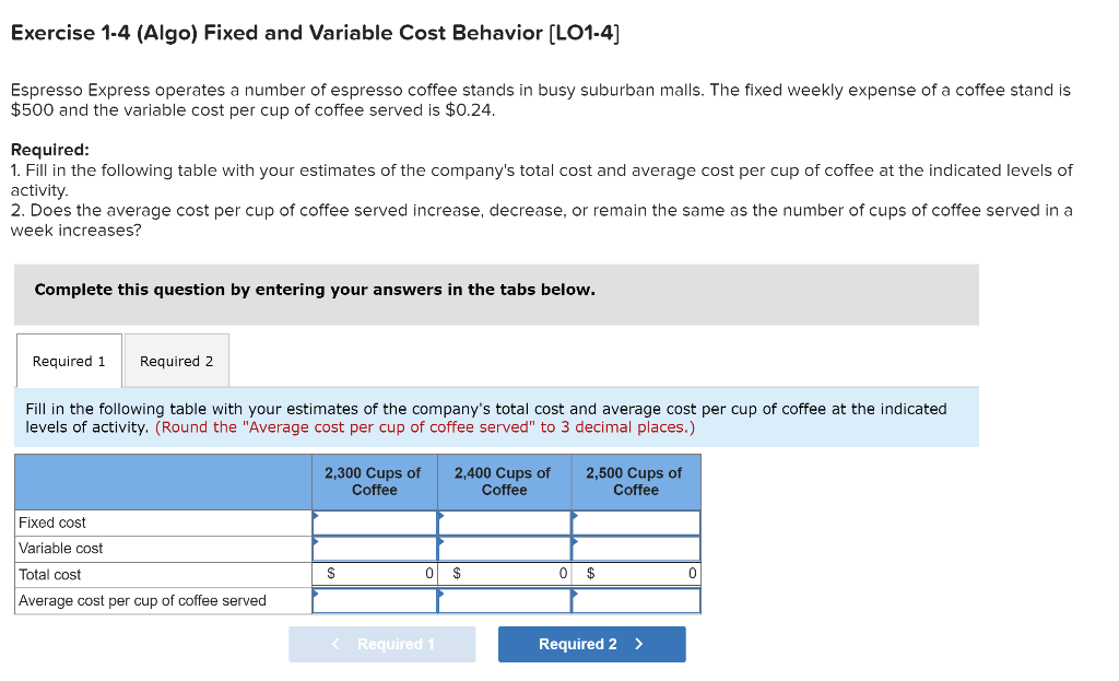 Exercise 1-4 (Algo) Fixed and Variable Cost Behavior [LO1-4] Espresso Express operates