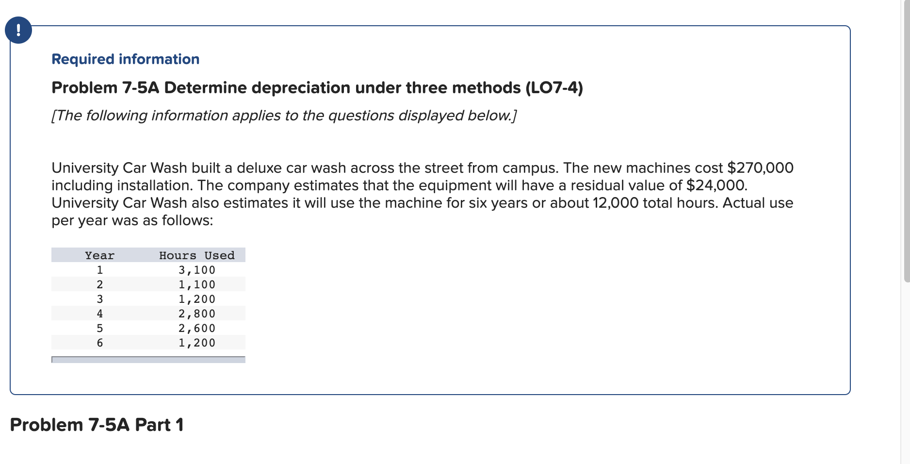 ! Required information Problem 7-5A Determine depreciation under three methods (LO7-4) [The