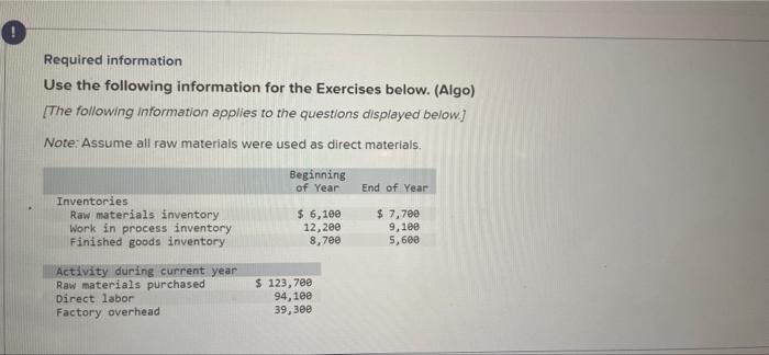 Required information Use the following information for the Exercises below. (Algo) [The