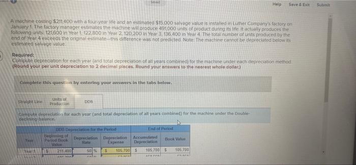 Seved Help Save & Exit Submit A machine costing $211.400 with a