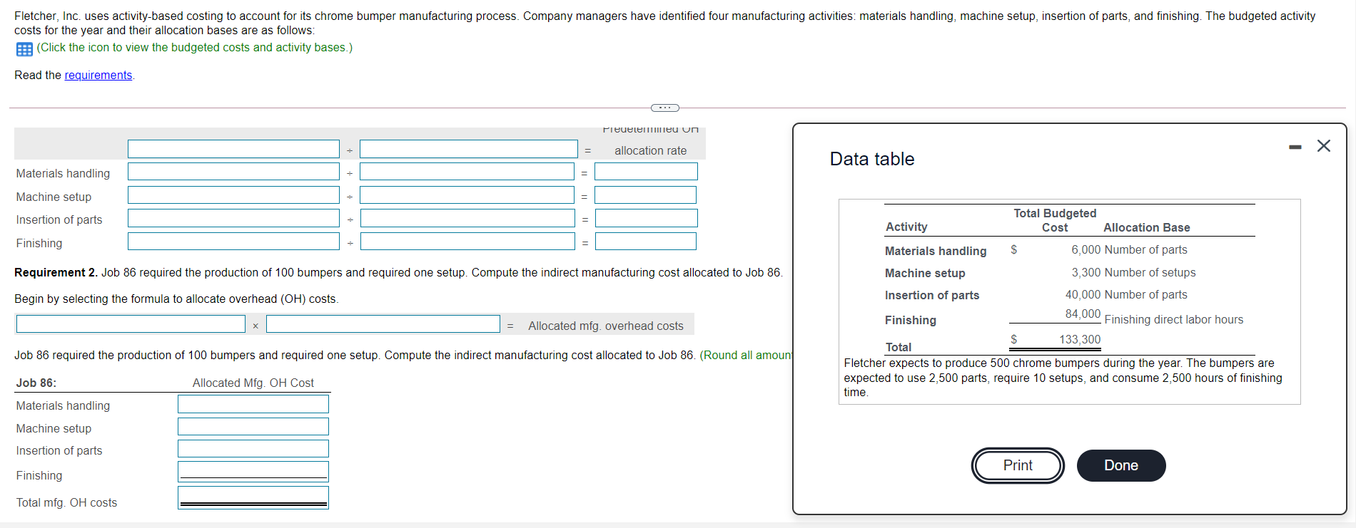 Fletcher, Inc. uses activity-based costing to account for its chrome bumper manufacturing