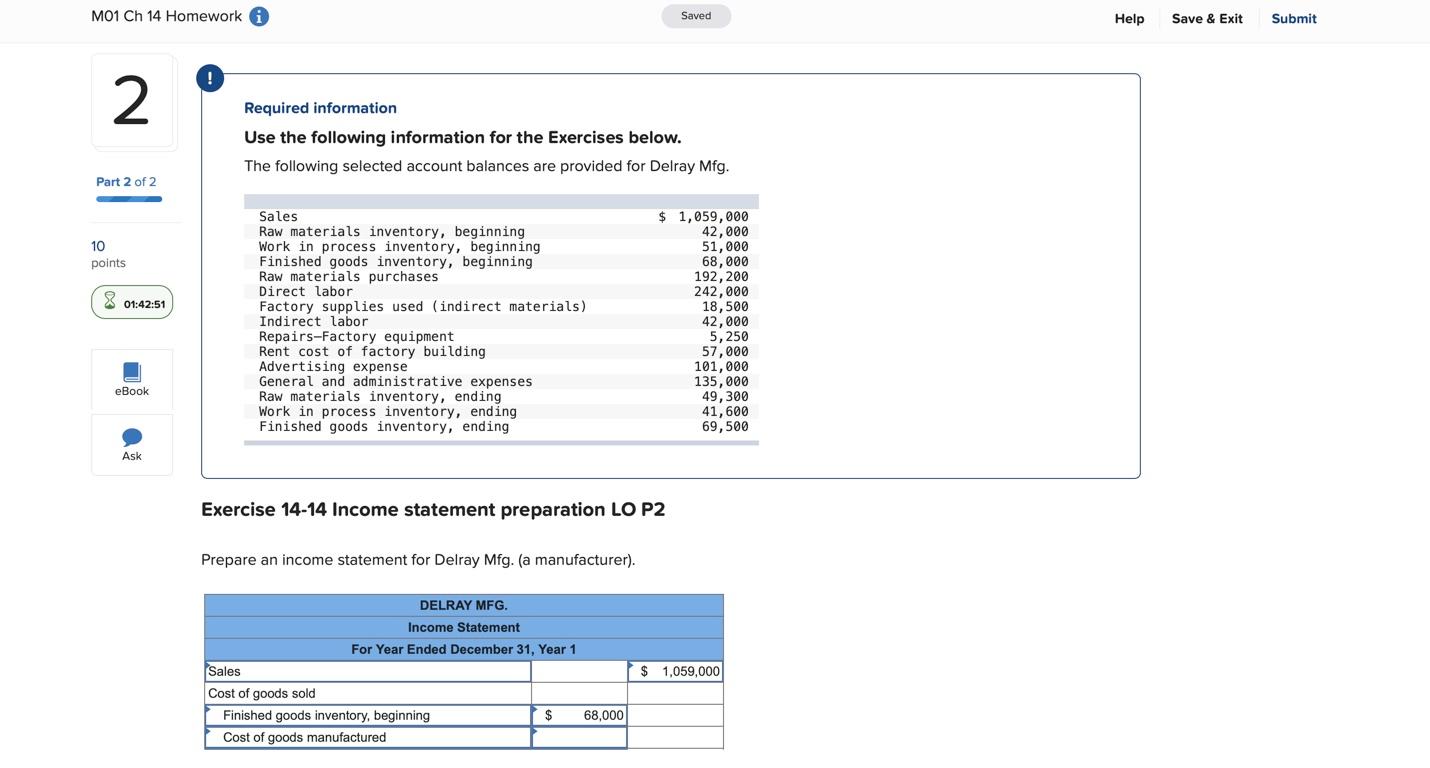 M01 Ch 14 Homework i ! 2 Required information Saved Help Save