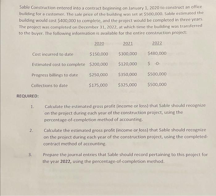 Sable Construction entered into a contract beginning on January 1, 2020 to