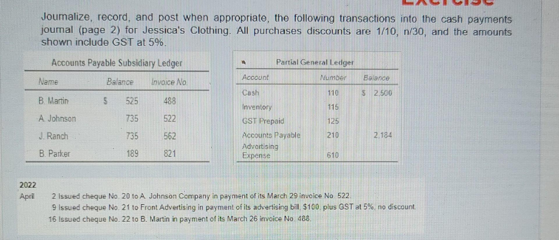 2022 April Journalize, record, and post when appropriate, the following transactions into