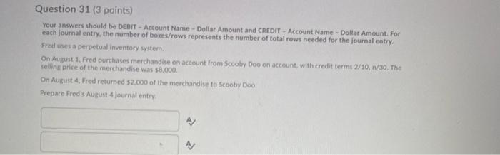 Question 31 (3 points) Your answers should be DEBIT - Account Name