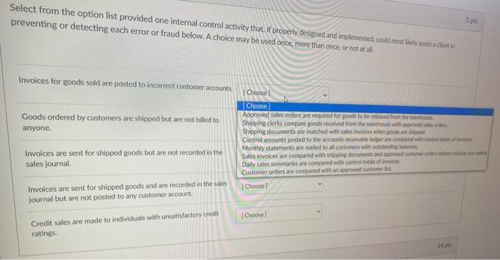 Select from the option list provided one internal control activity that, if