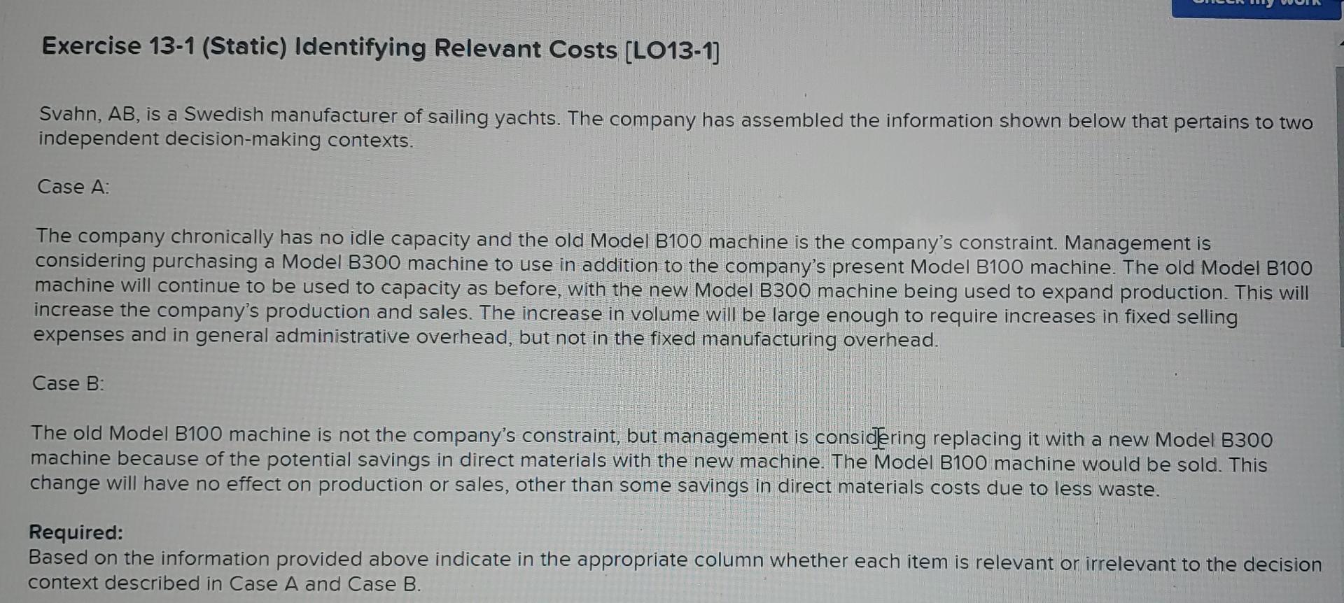 Exercise 13-1 (Static) Identifying Relevant Costs [LO13-1] Svahn, AB, is a Swedish