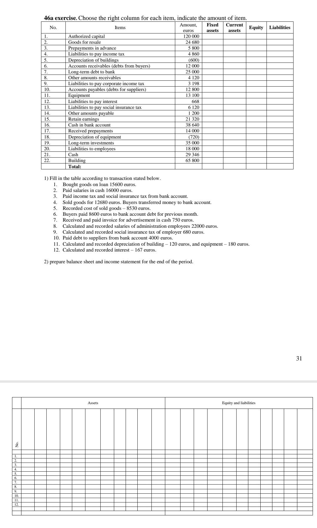 6 1 2 9 10. 11. 12. No. No. Items 46a exercise.