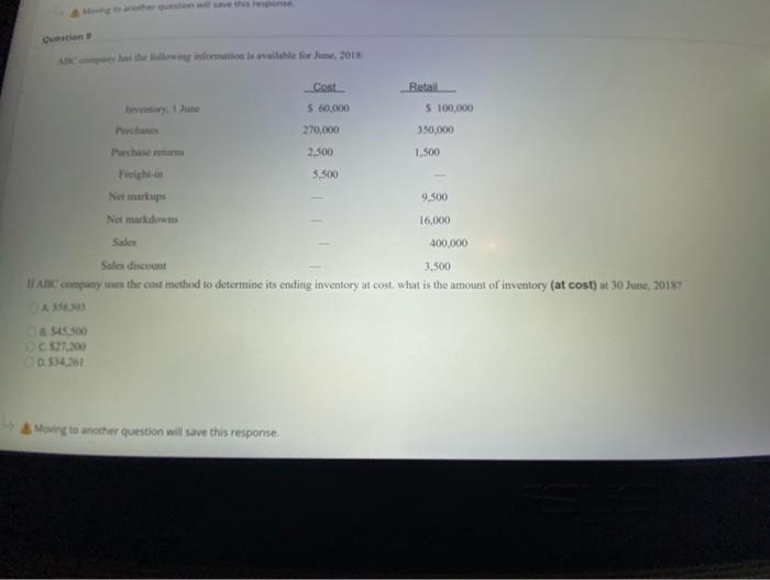 Moving to another question will save this response Question 9 ABC opary