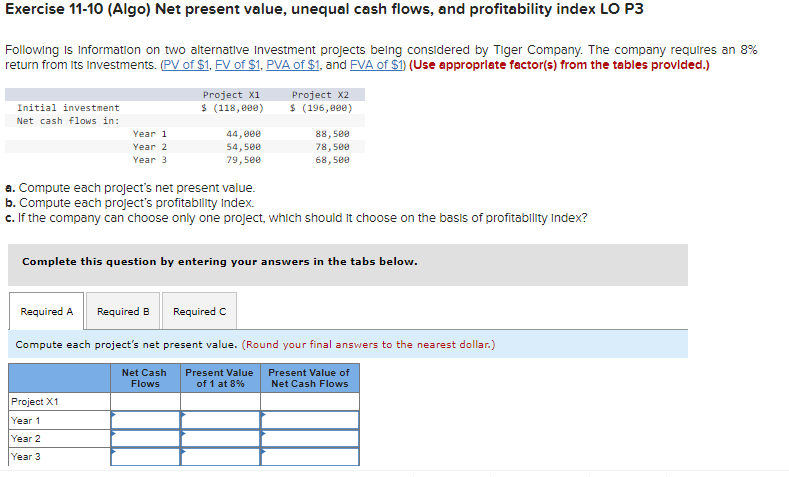 Exercise 11-10 (Algo) Net present value, unequal cash flows, and profitability index