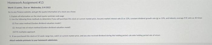 Homework Assignment #13 Worth 15 points. Due on Wednesday, 5/4/2022 Go to