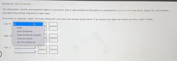 with a cash dividend of $32,800 on a corporation's common stock are