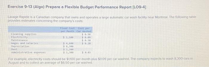 Exercise 9-13 (Algo) Prepare a Flexible Budget Performance Report [LO9-4] Lavage Rapide