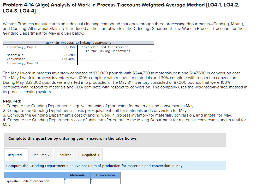 Problem 4-14 (Algo) Analysis of Work in Process T-account-Weighted-Average Method [LO4-1, LO4-2,