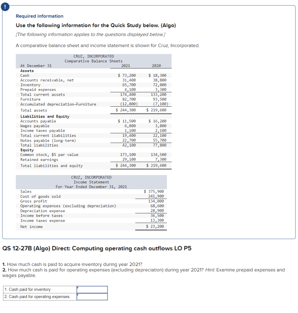 ! Required information Use the following information for the Quick Study below.