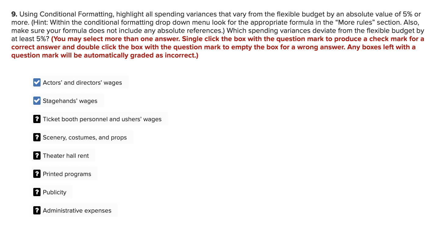 9. Using Conditional Formatting, highlight all spending variances that vary from the