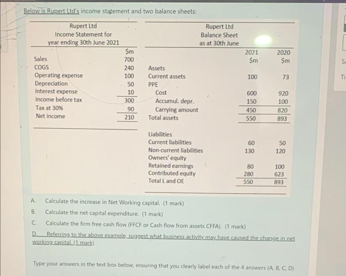 Below is Rupert Ltd's income statement and two balance sheets: Rupert Ltd