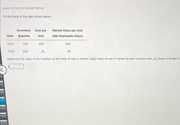 Lower-of-Cost-or-Market Method On the basis of the data shown below: Item Inventory